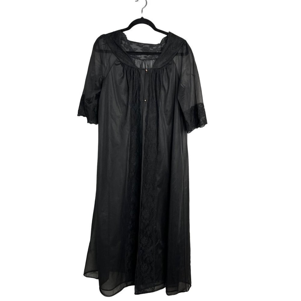 Shadowline Vintage Semi-Sheer Two‎ Button Robe Lace Trim Black Medium